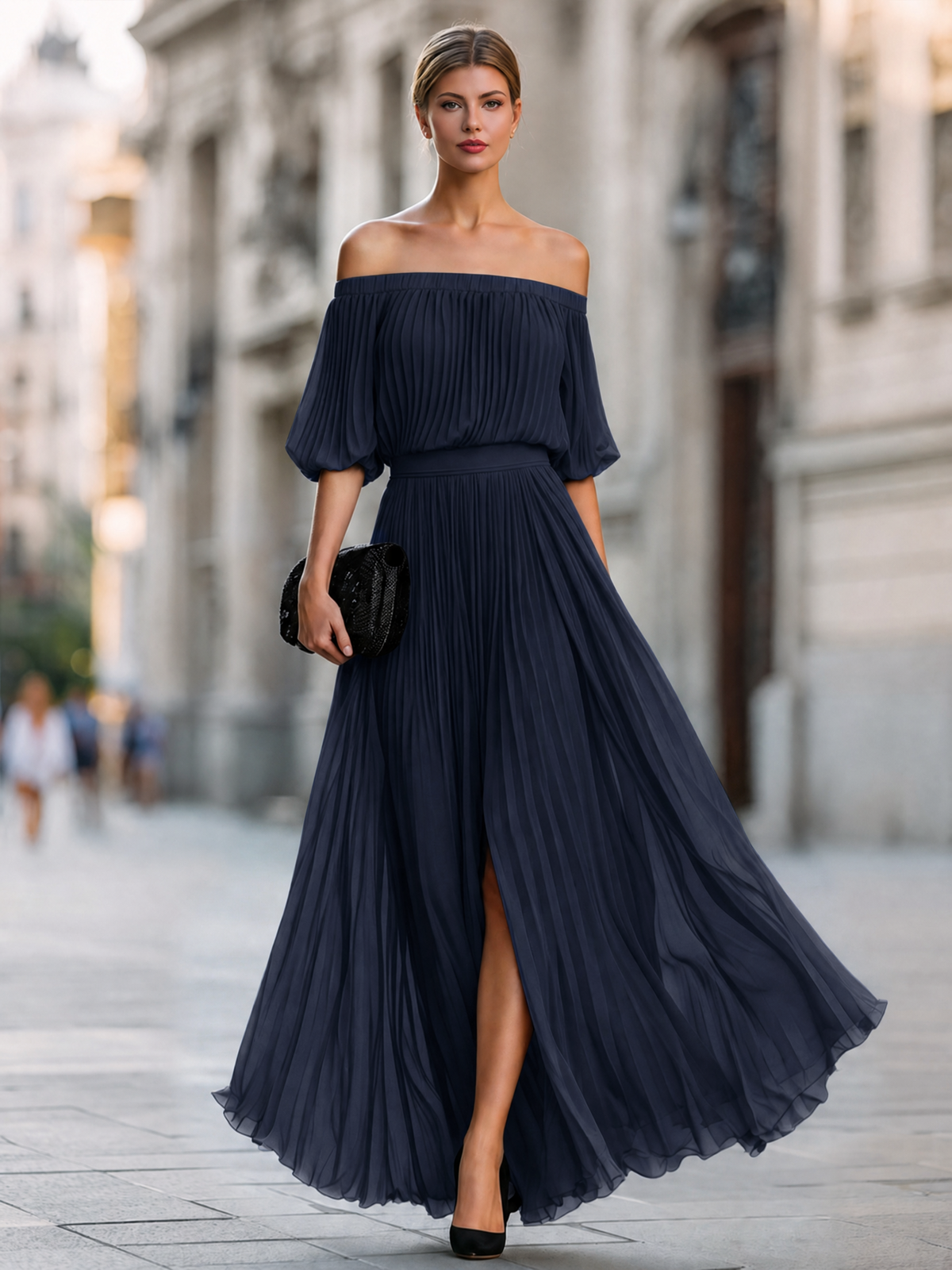 Off-Shoulder Pleated Chiffon Maxi Dress – Mooyius