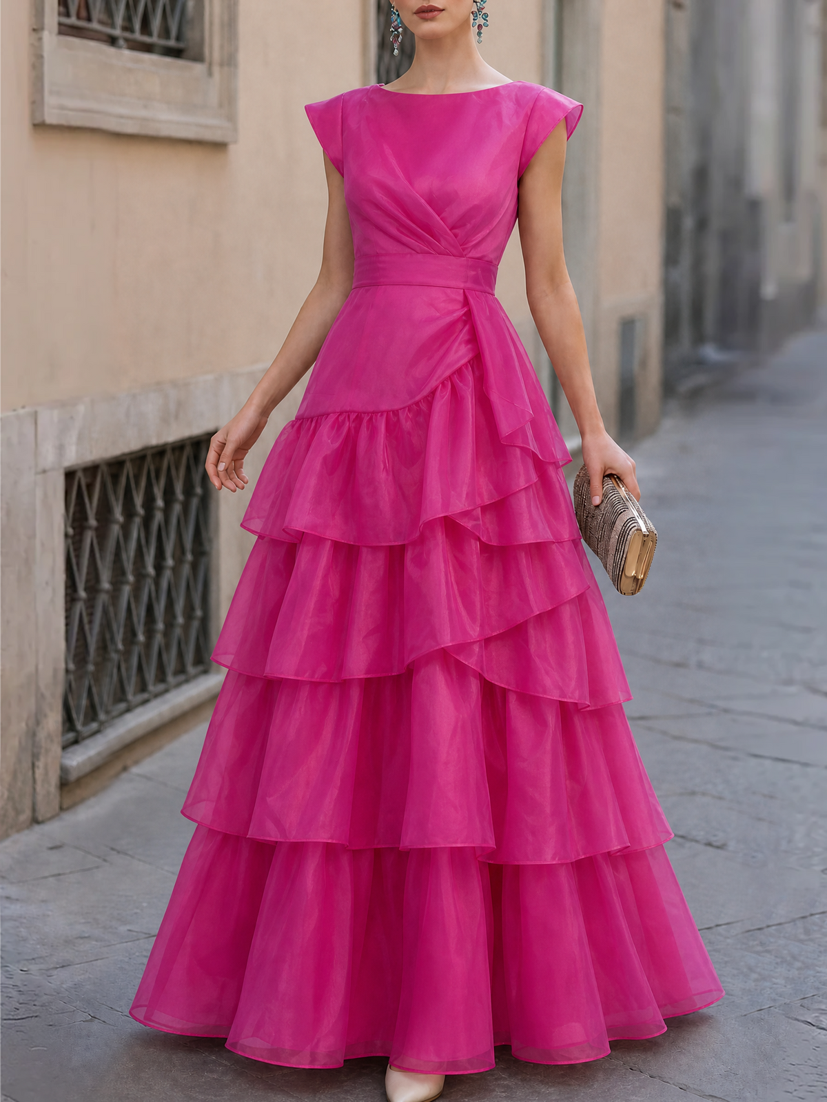 Sheer Organza Layered Ruffle Maxi Dress Evening Gown
