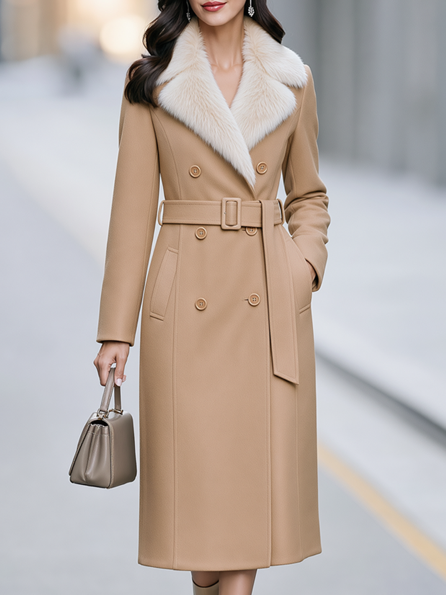 Elegant Faux Fur Collar Double-Breasted Belt Coat
