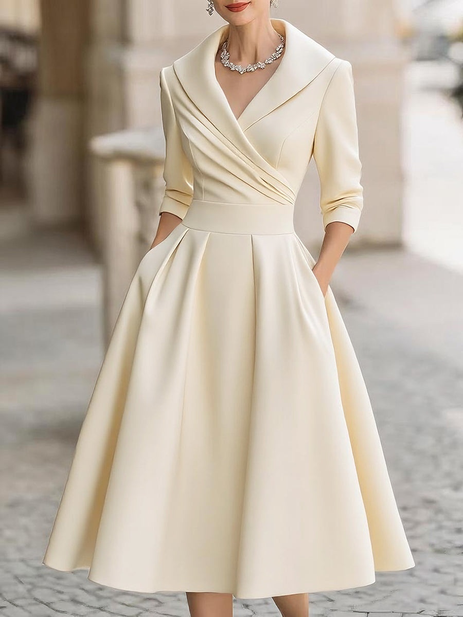 vintage inspired satin midi dress with draped collar Vintage Inspired Satin Midi Dress With Draped Collar