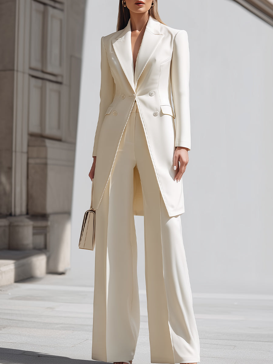 Elegant Cream Longline Blazer And Wide - Leg Pants Set