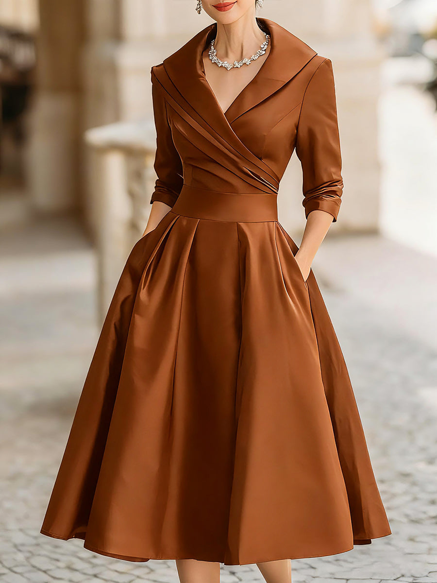 Vintage-Inspired Satin Midi Dress With Draped Collar Mooyius Vintage-Inspired Satin Midi Dress With Draped Collar Mooyius
