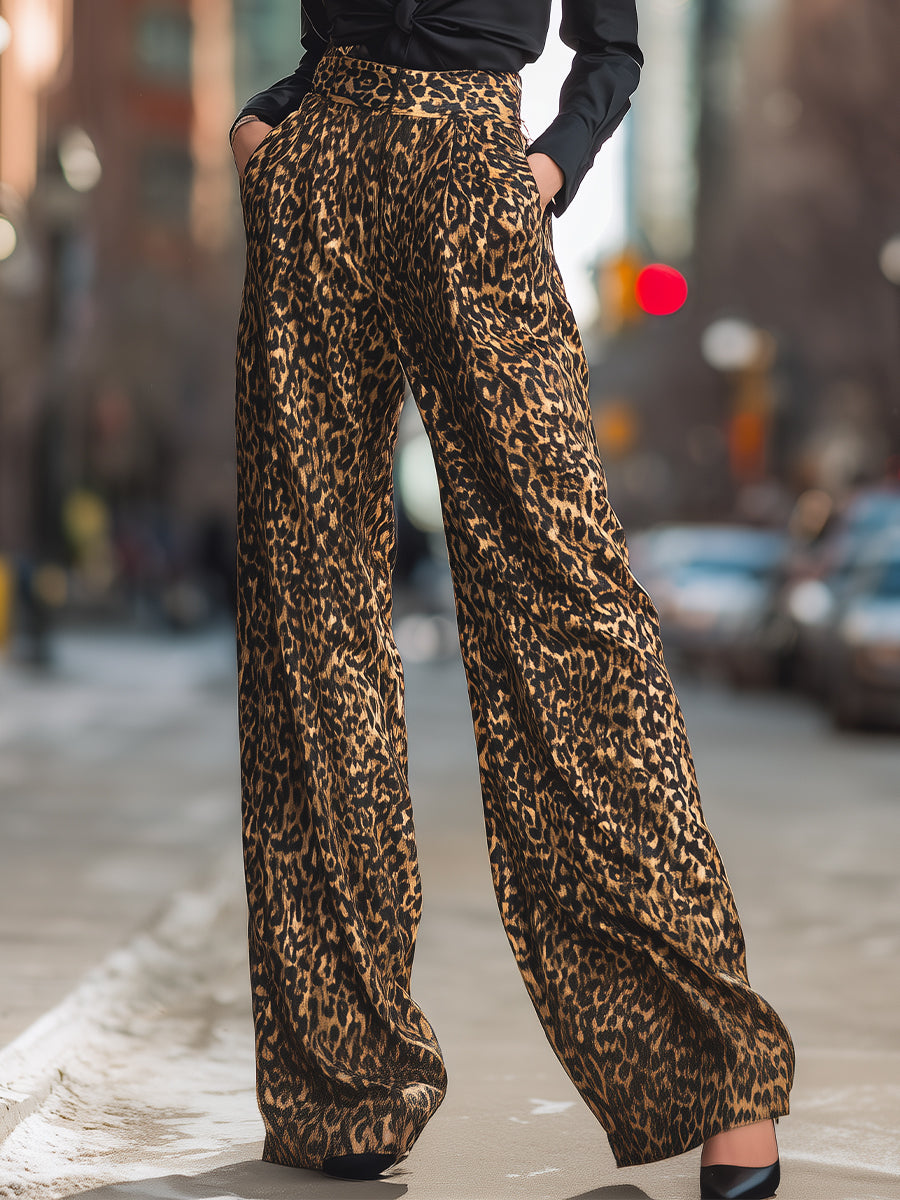 Elegant High-Waisted Leopard Print Wide-Leg Pants