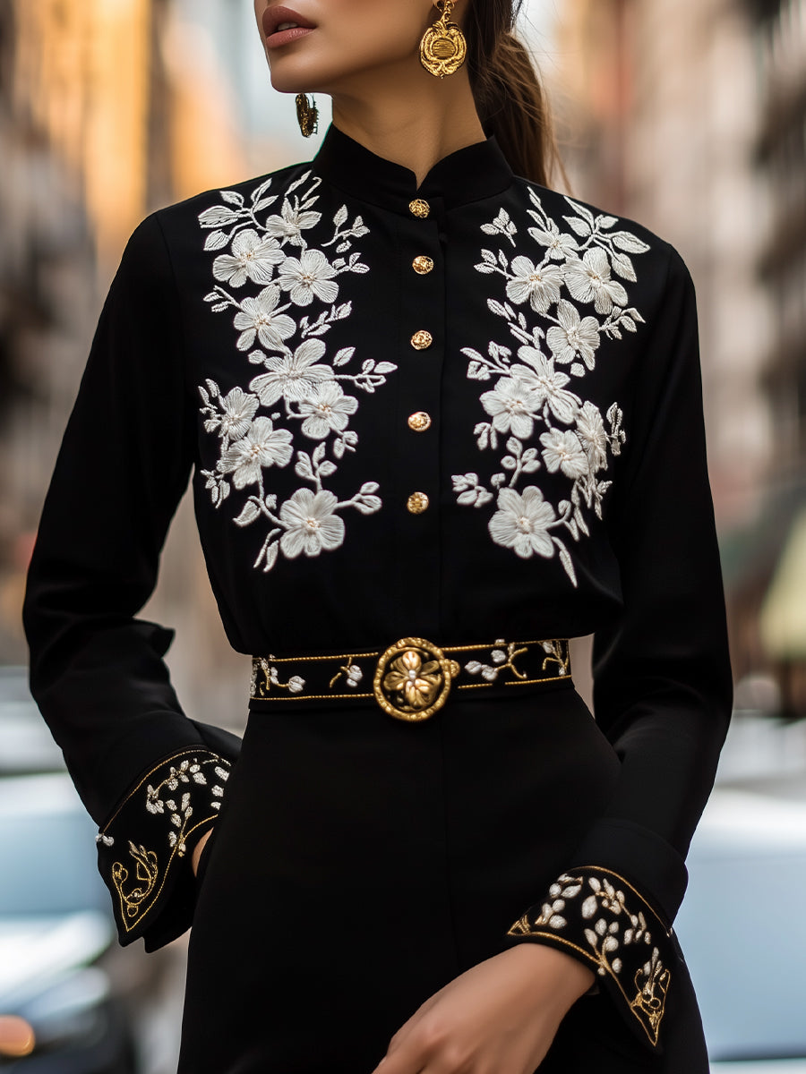 Black Satin Embroidered Blouse with Floral Details and Gold Accents