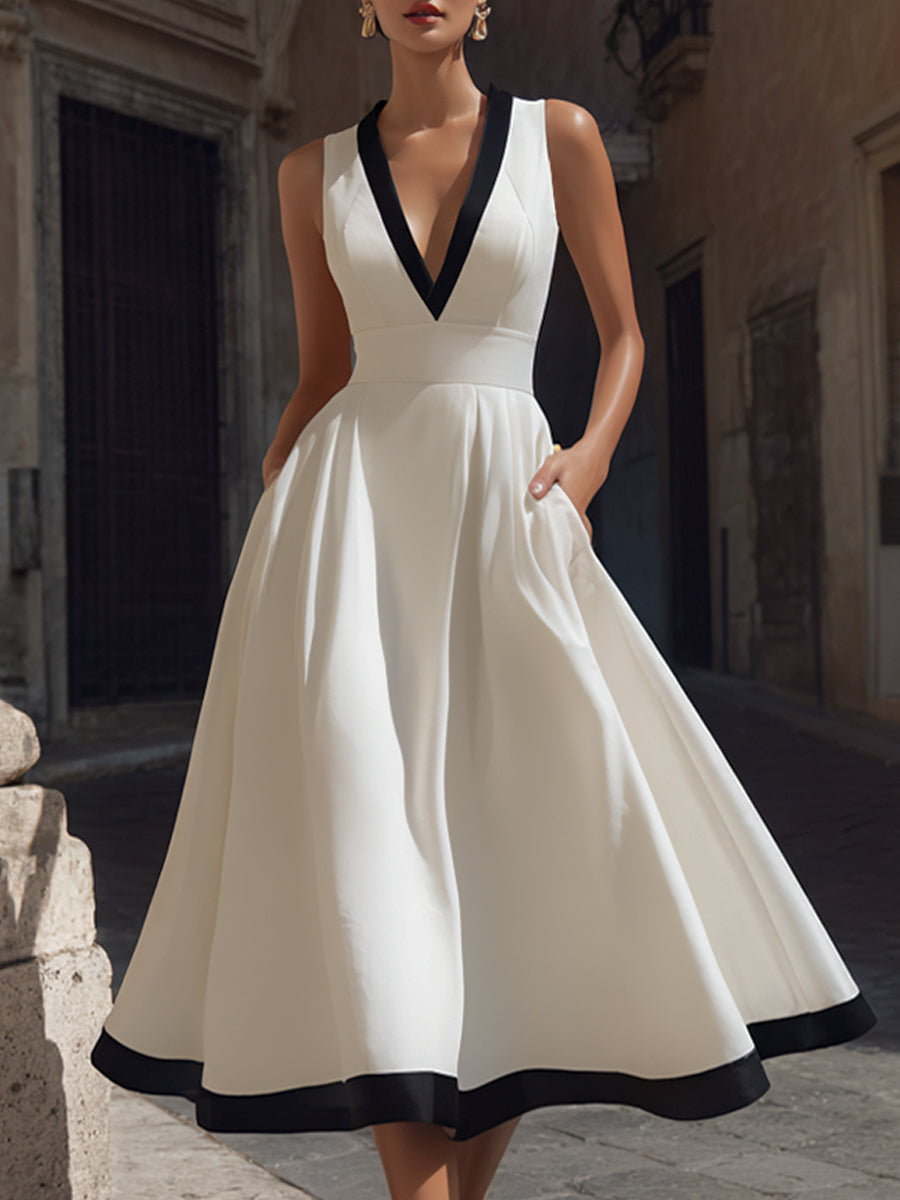 Elegant V-Neck A-Line Midi Dress With Contrast Trim And Pockets