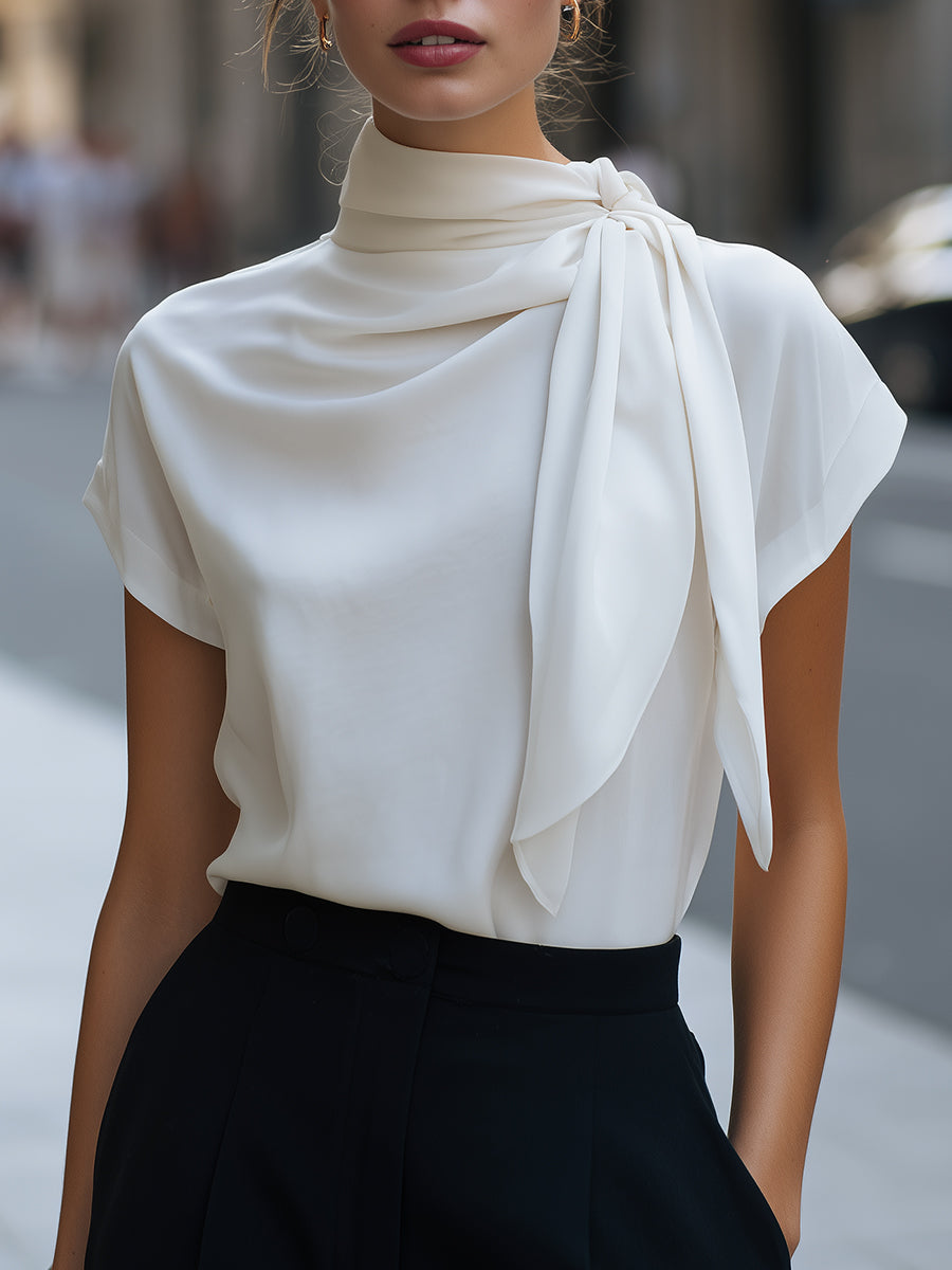 Tie-Neck Draped Short Sleeve Blouse