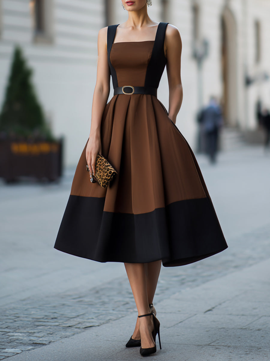 Square Neck Contrast Panel A-Line Midi Dress