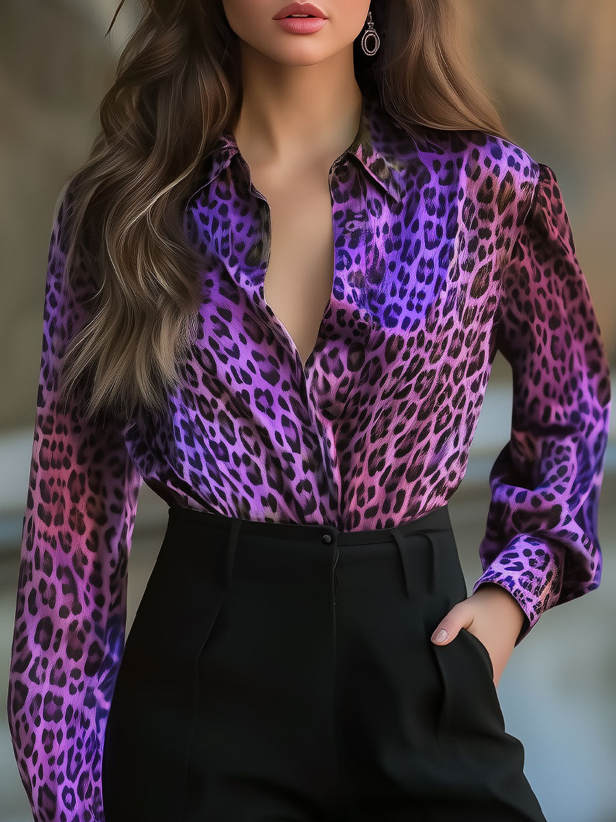 Vibrant Purple Leopard Print Satin Blouse