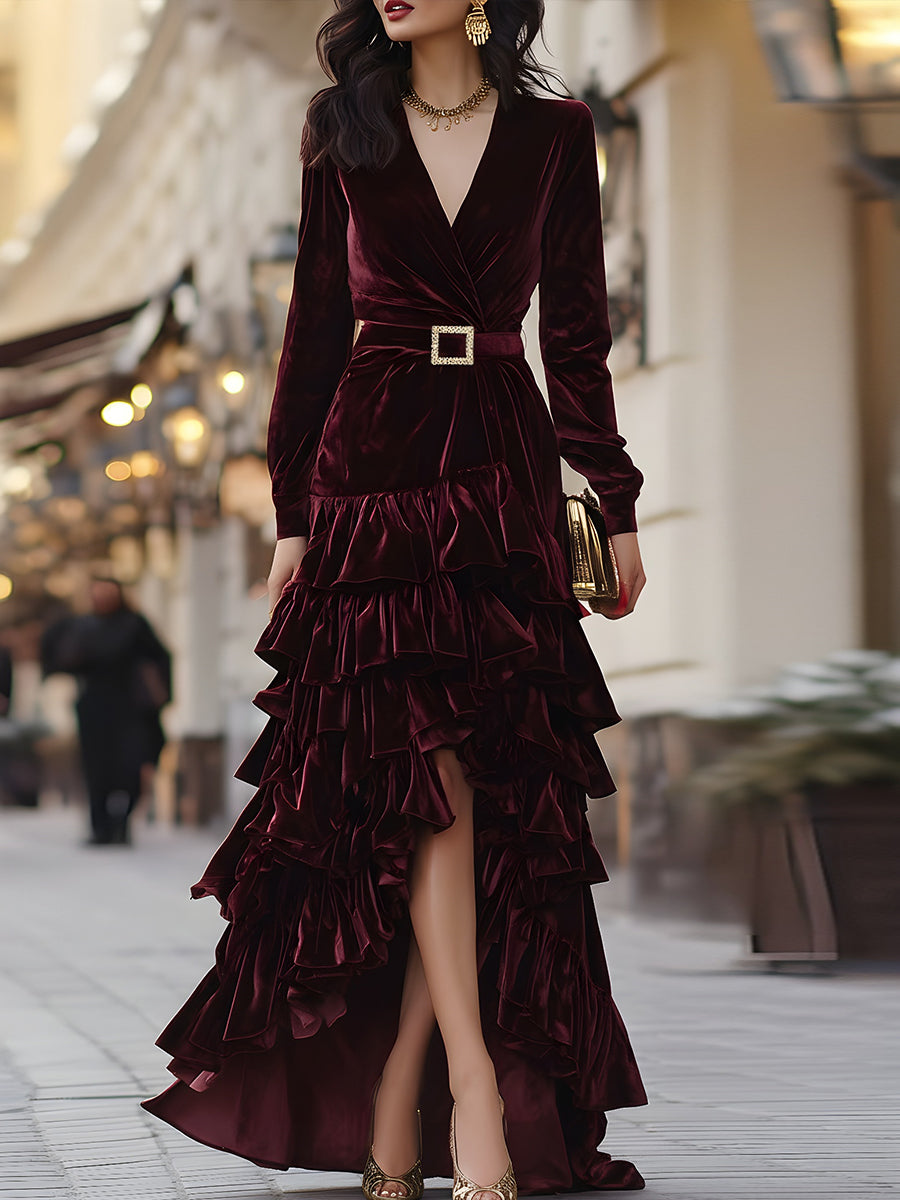 Velvet Wrap Dress With Ruffle Detail In Burgundy