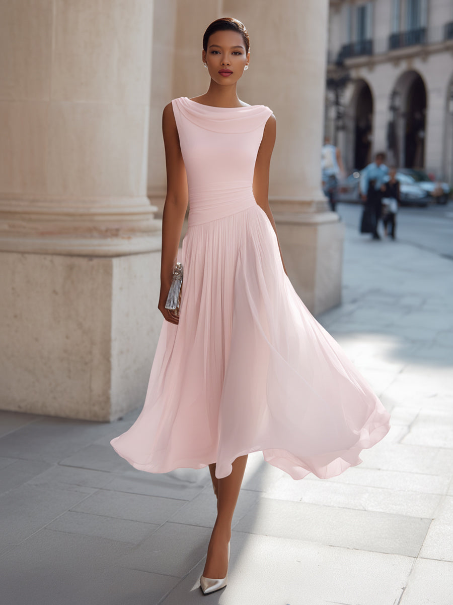Draped Neck Sleeveless Pleated Midi Dress – Mooyius