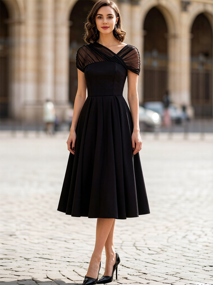 Black Sheer Tulle Cap Sleeve Pleated Fit-and-Flare Midi Dress – Mooyius