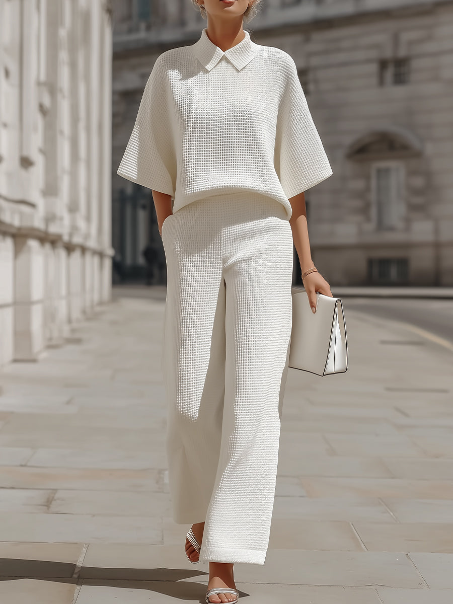 Waffle Knit Polo Collar Top & High-Waisted Wide-Leg Pants Two-Piece Loungewear Set