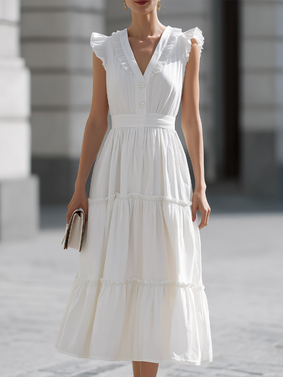 White Ruffled V-Neck Tiered Midi Dress