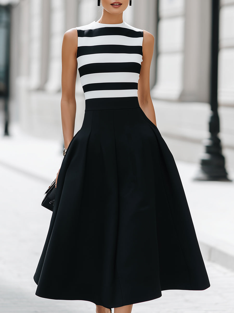 Chic Striped Sleeveless Midi Dress With Pockets