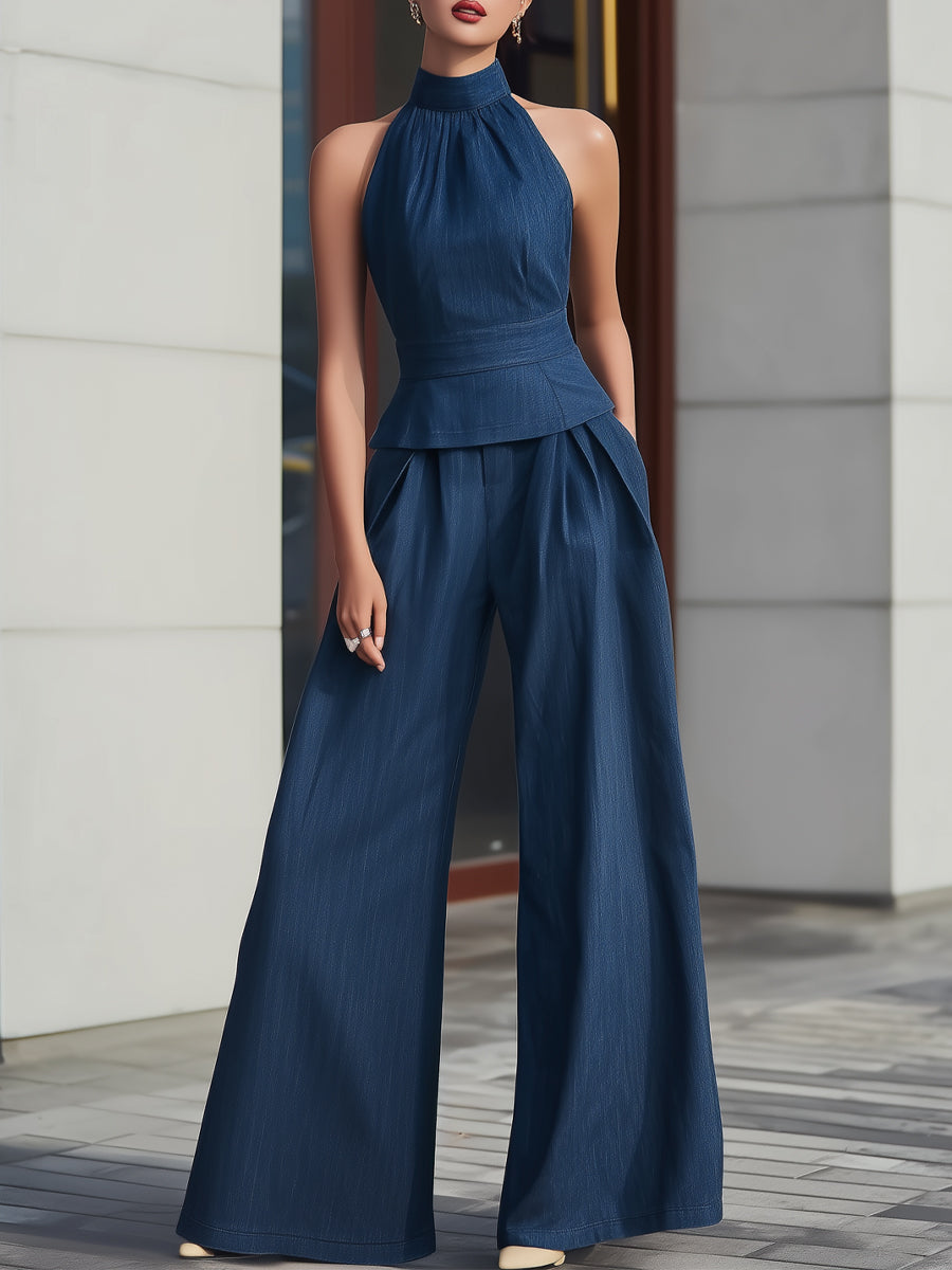 Halter Neck Peplum Top & Wide-Leg Pants Tailored Set