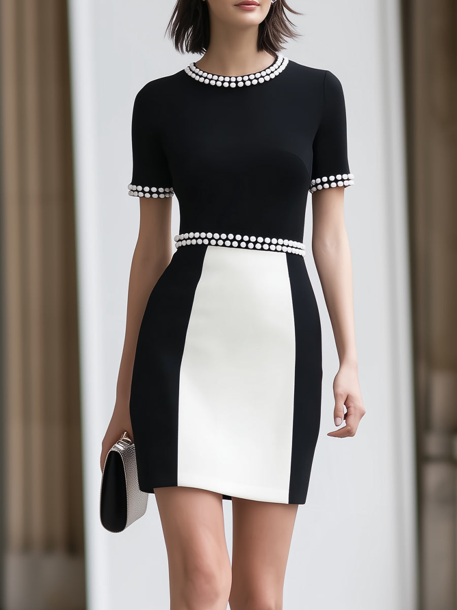 Black & White Colorblock Beaded Trim Short Sleeve Bodycon Mini Dress