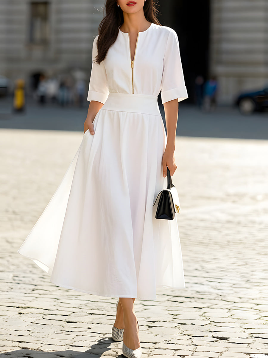 White Half-Zip Half-Sleeve Belted Flared A-Line Midi Dress