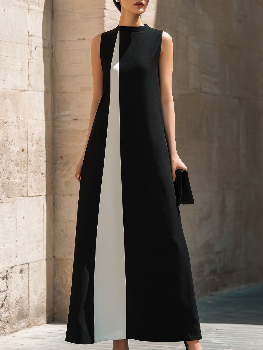 Black & White Color Block Sleeveless A-Line Maxi Dress