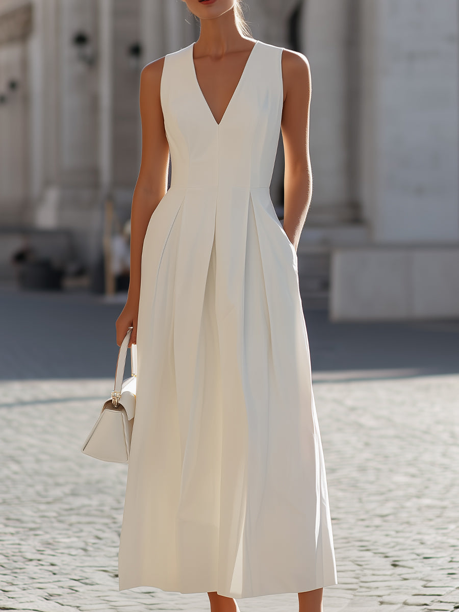White Sleeveless V-Neck Pleated A-Line Maxi Dress With Pockets