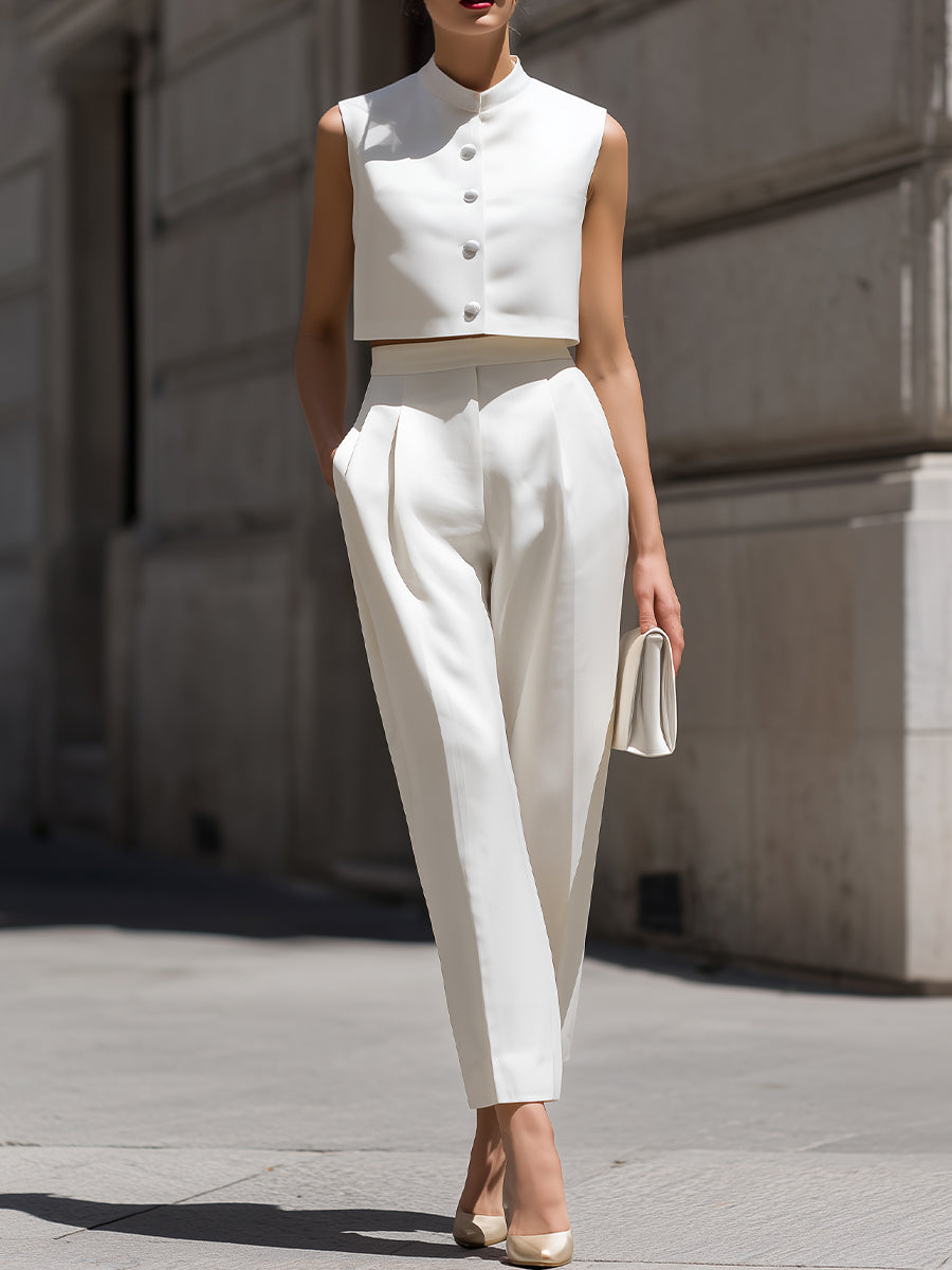 Sleeveless Stand Collar Button Down Crop Top & High Waist Pleated Tapered Pants