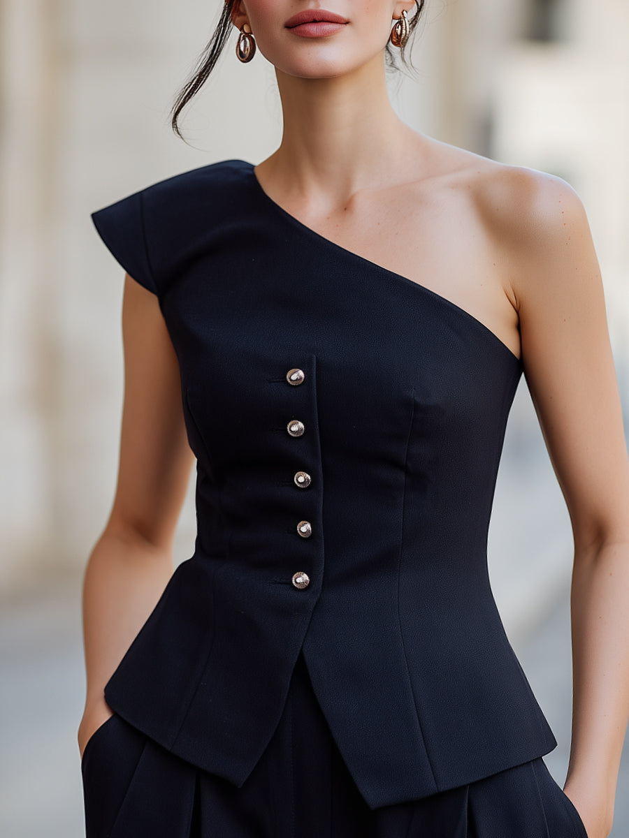 Asymmetric One-Shoulder Buttoned Peplum Structured Top