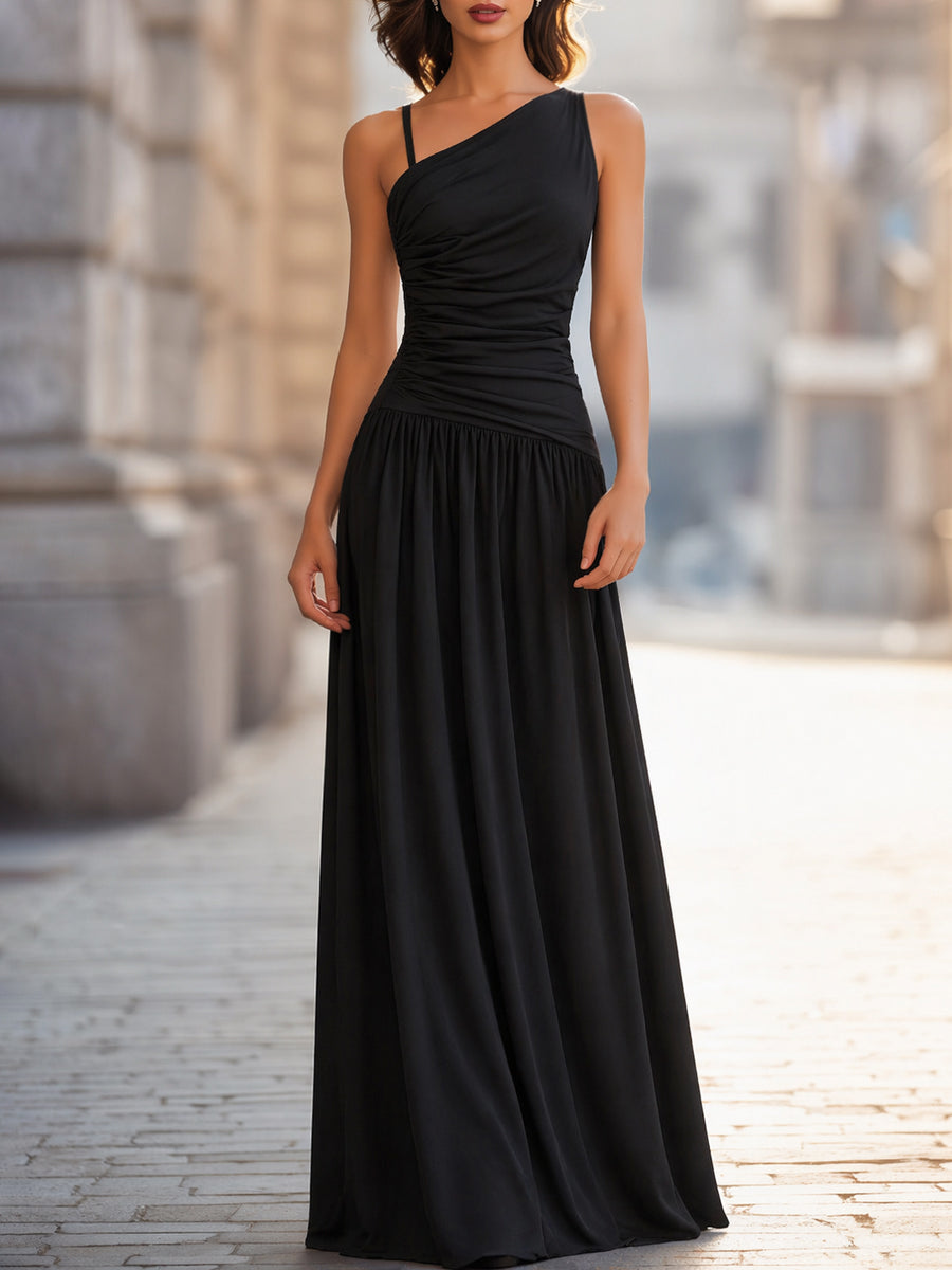 One-Shoulder Ruched Bodice Flowing Maxi Dress