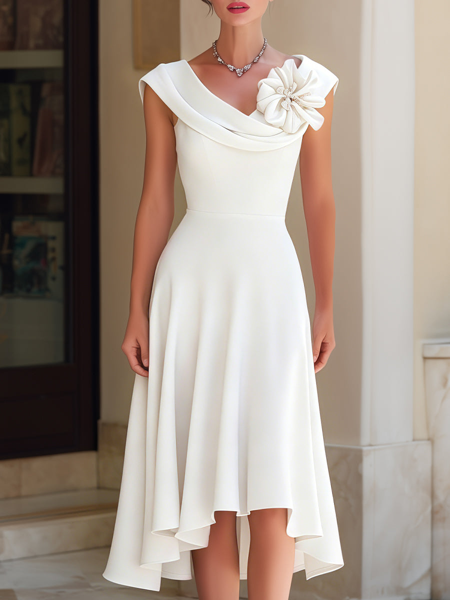 Draped Floral Accent Asymmetric Hem Midi Dress