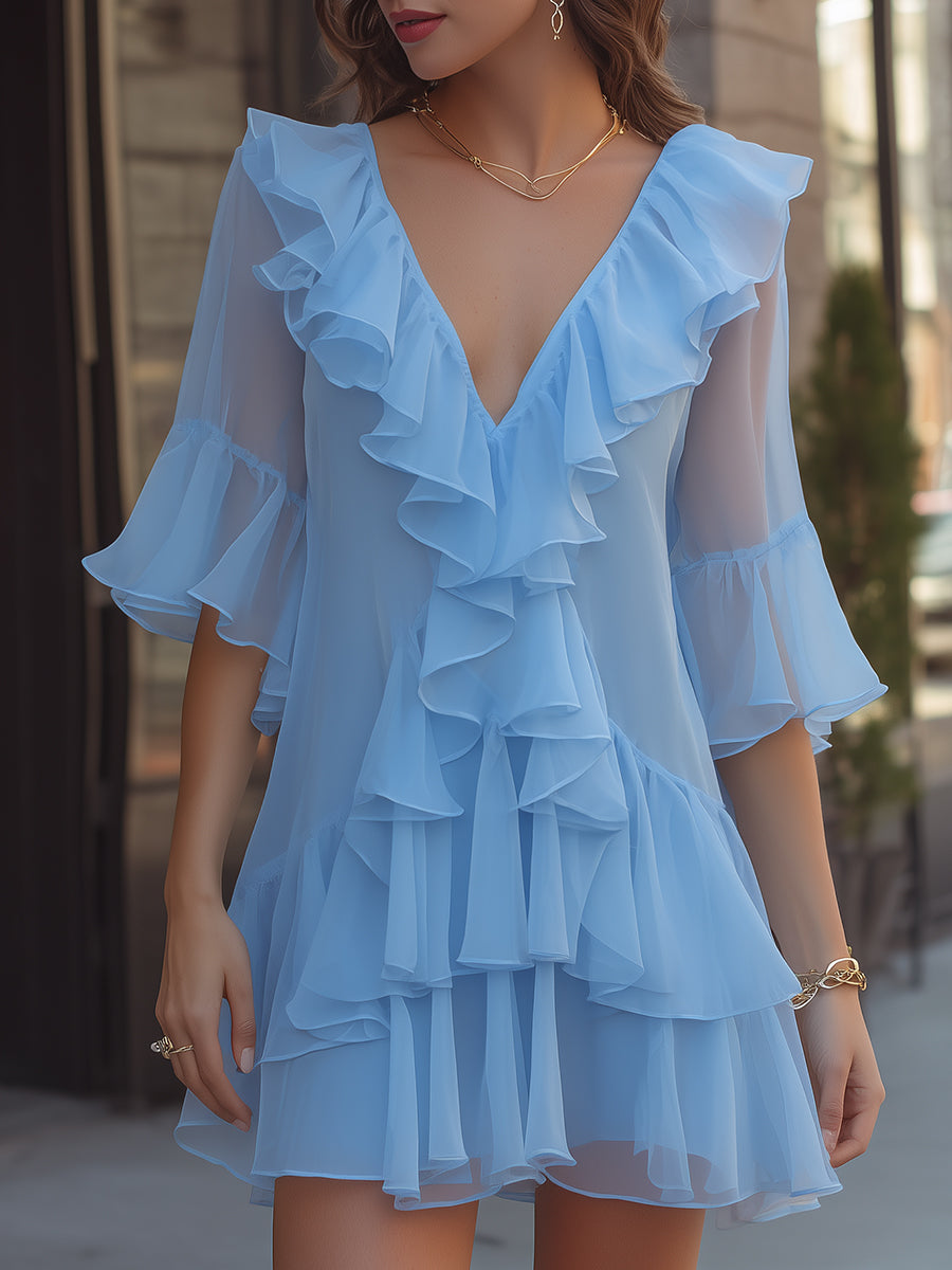 Layered Ruffle V-Neck Chiffon Mini Dress