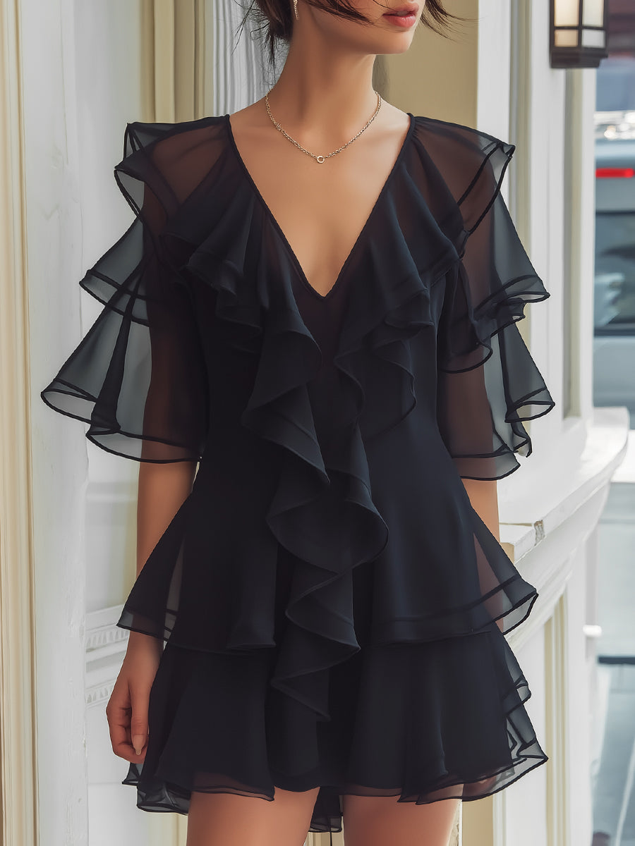 Layered Ruffle V-Neck Chiffon Mini Dress