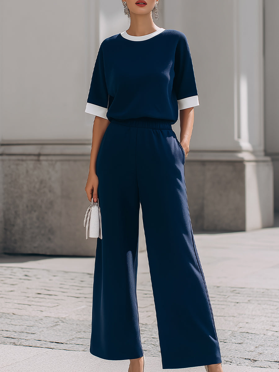 Contrast Trim Short-Sleeve Top & Elastic-Waist Wide-Leg Pants Two-Piece Set