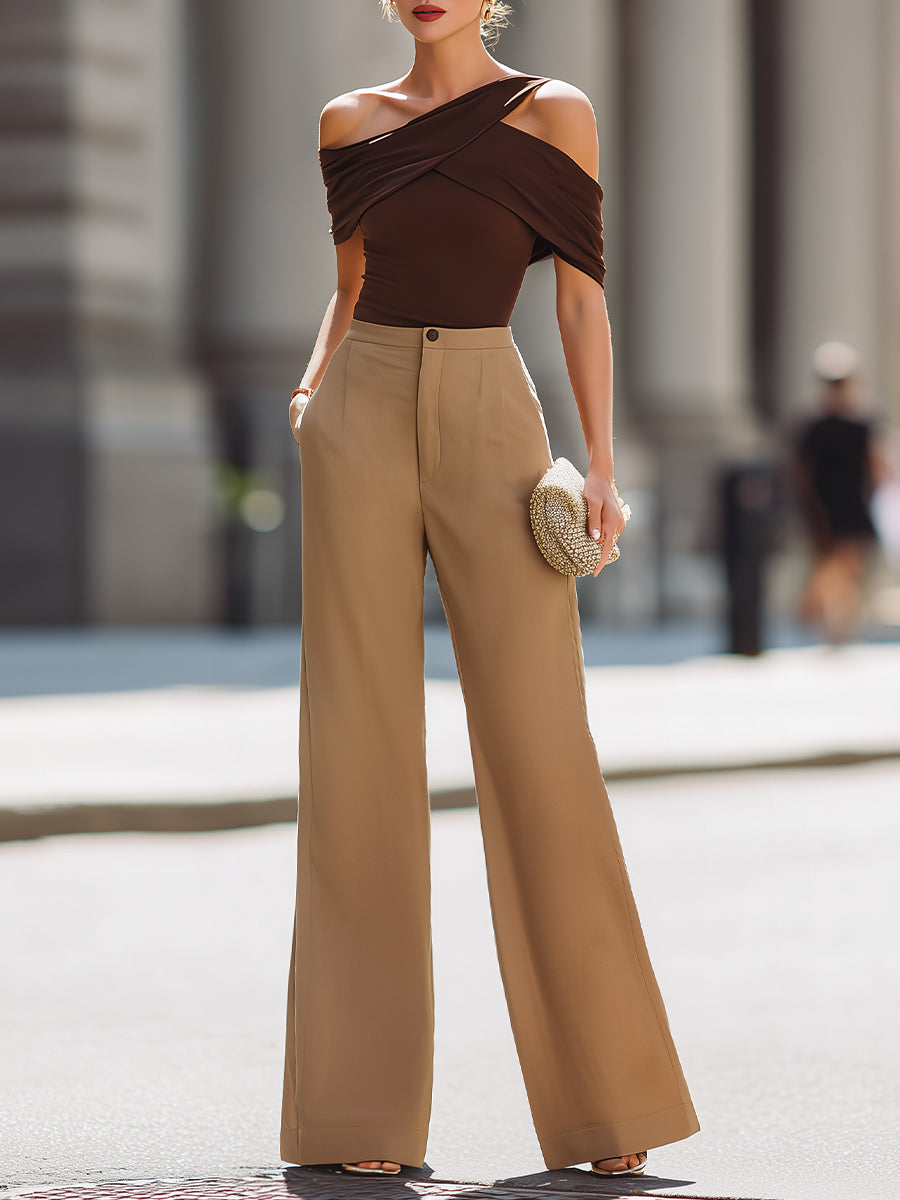 Asymmetric Draped Off-Shoulder Top With High-Waisted Wide-Leg Pants Set