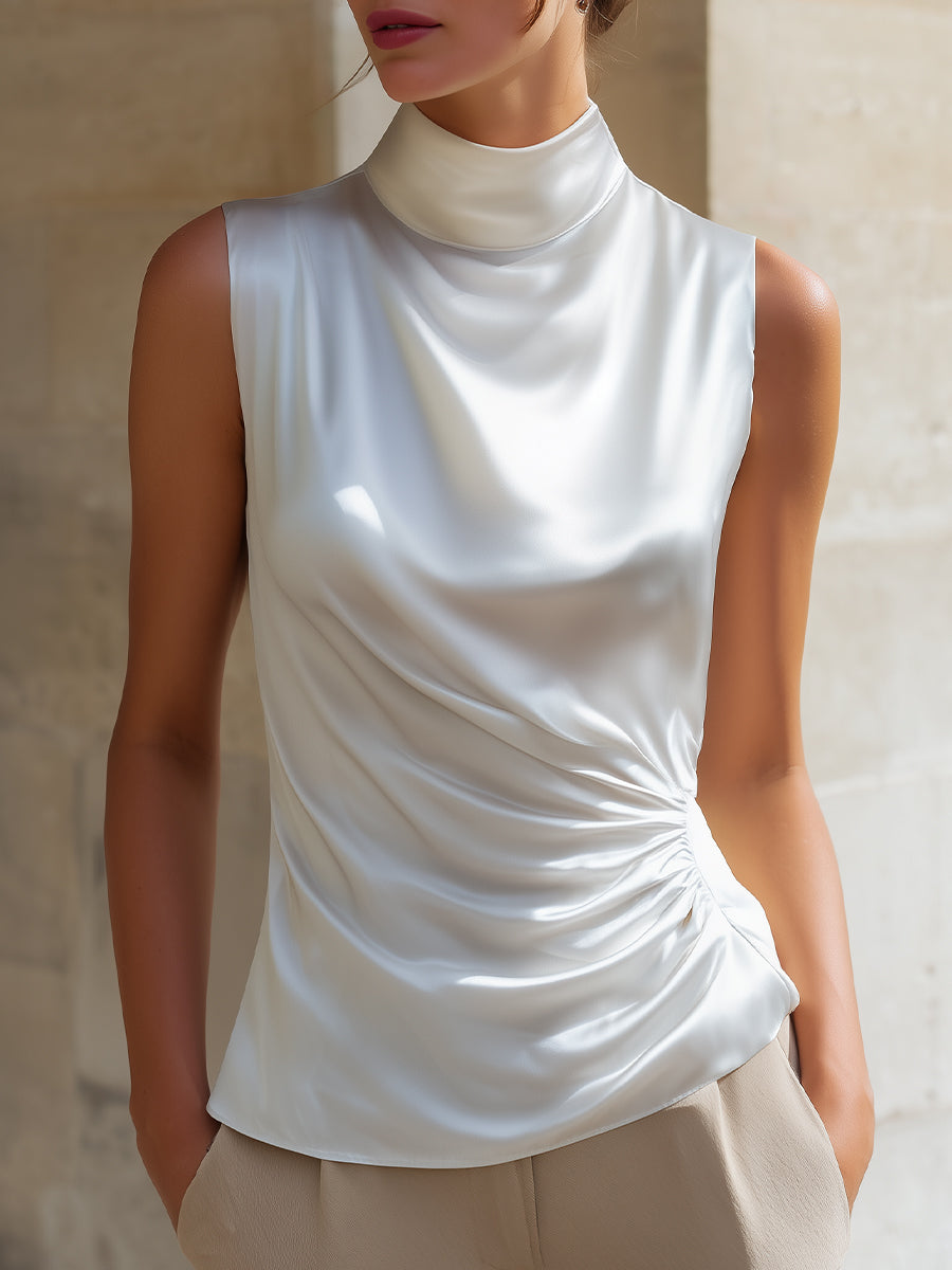 White Sleeveless High-Neck Ruched Satin Blouse