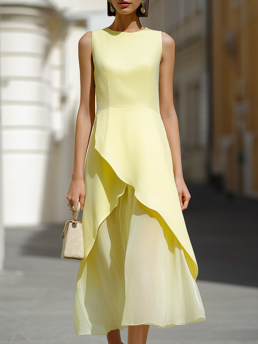 Asymmetric Layered Ruffle Hem Sleeveless Midi Dress