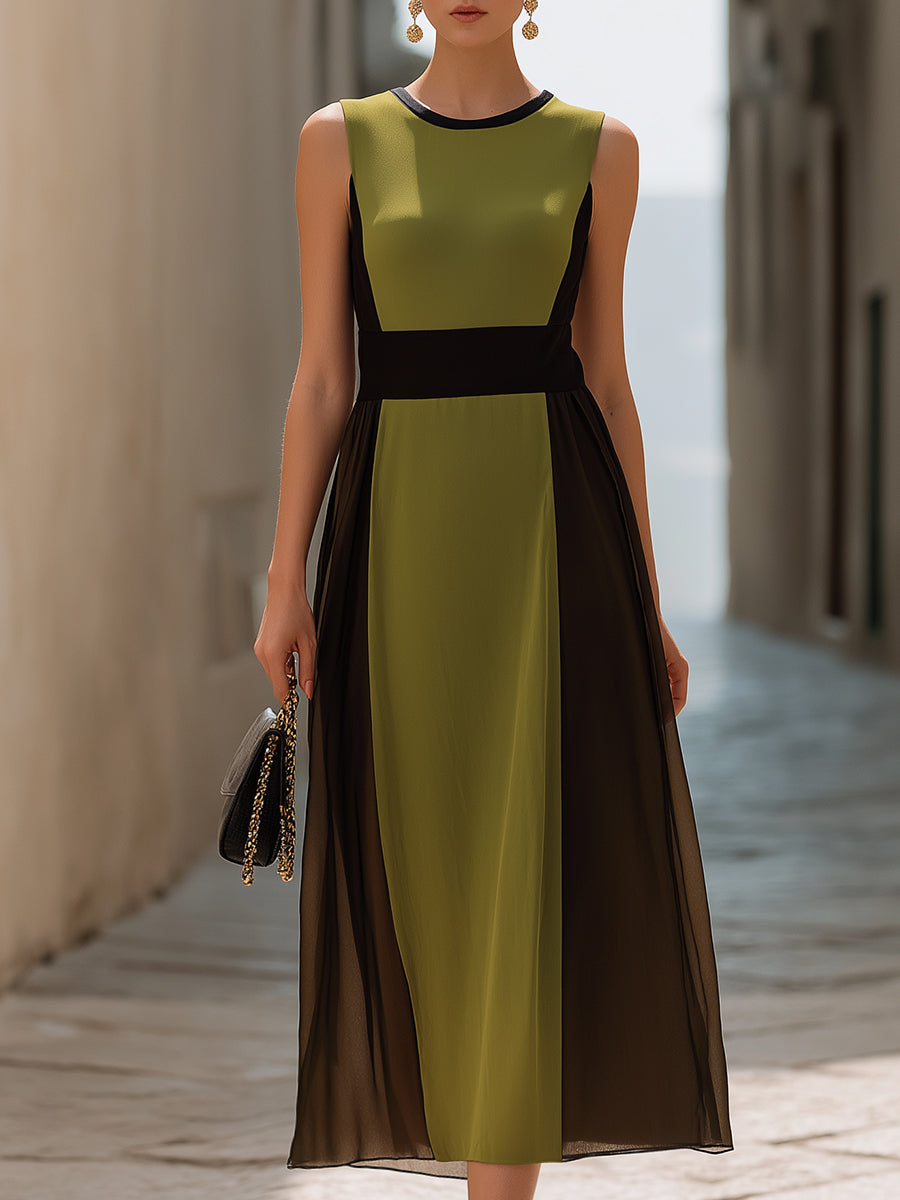 Color-Block Sheer Panel Sleeveless Midi Dress