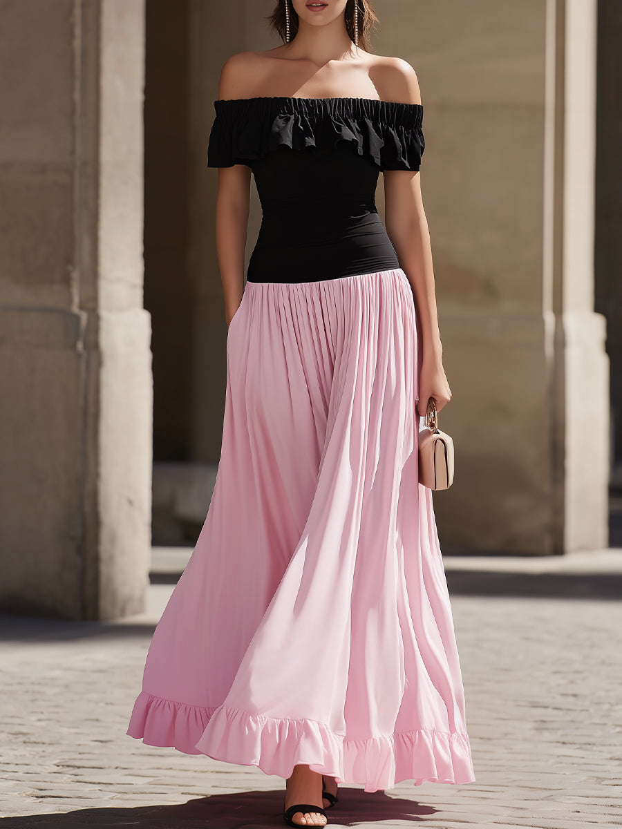 Black Off-the-Shoulder Ruffled Bodice & Pink Flowy Skirt Two-Tone Maxi Dress