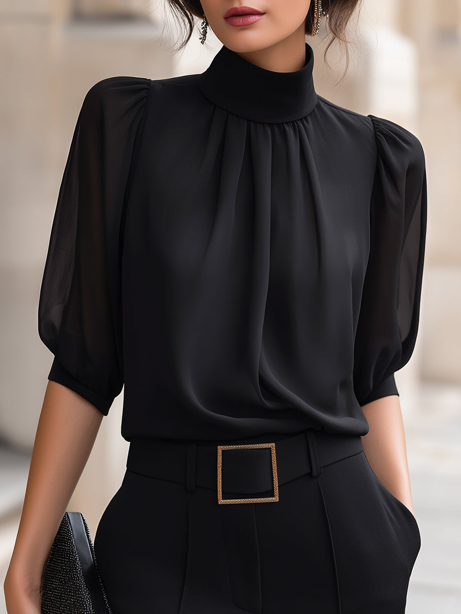 Mooyius black mock neck chiffon puff sleeve blouse