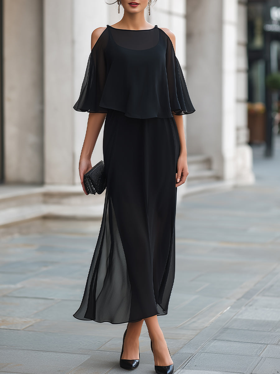 Structured Cold-Shoulder Sheer Overlay Maxi Dress