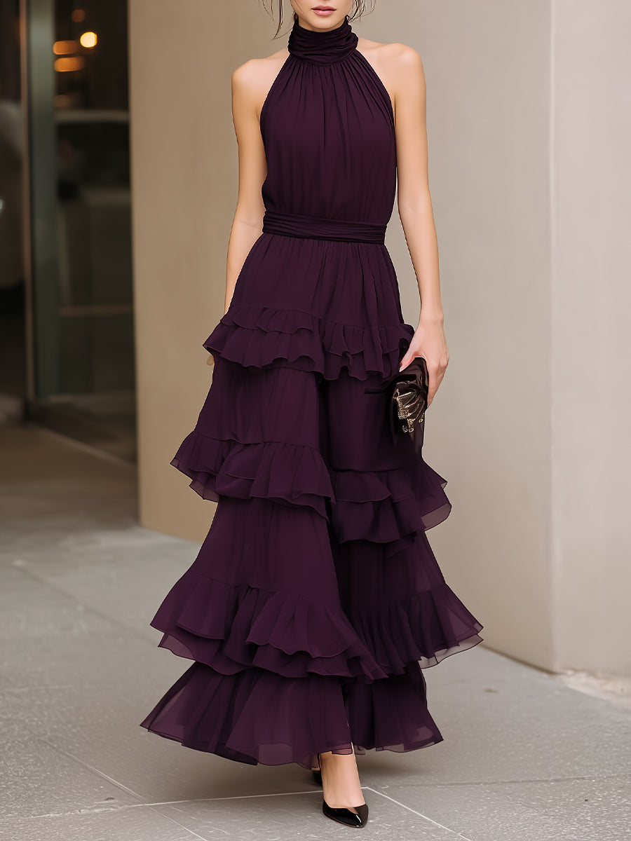 Structured Halter Neck Tiered Ruffle Maxi Dress