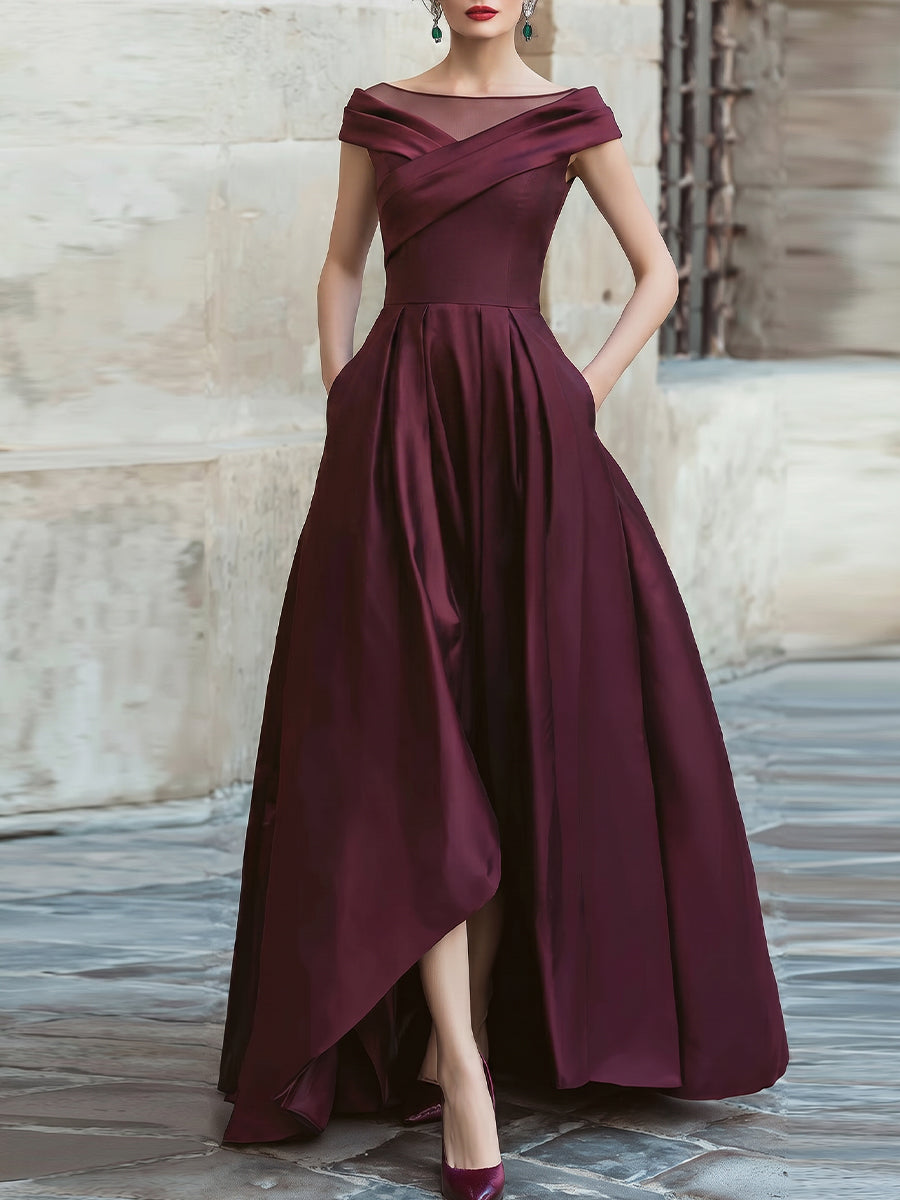 Off-Shoulder Draped High-Low Evening Gown