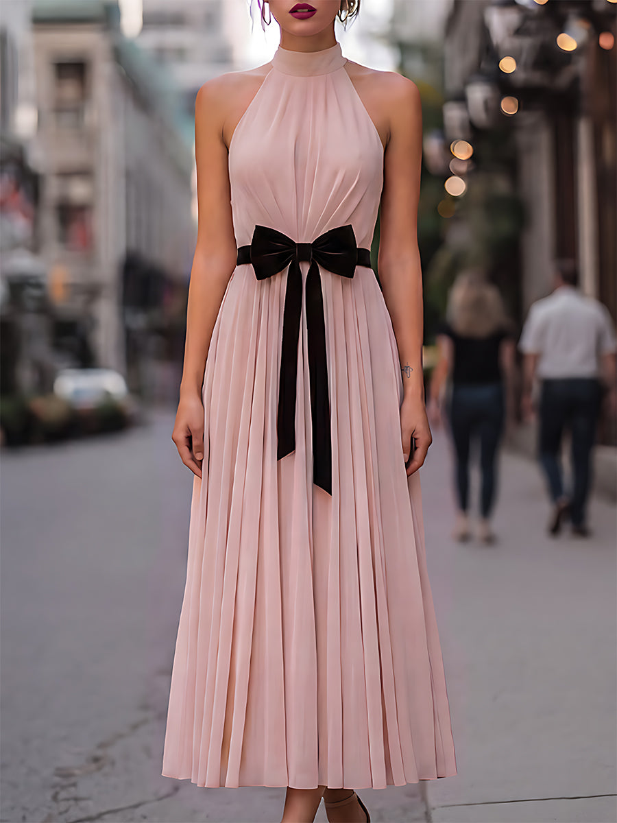 Pleated Halter Neck Maxi Dress With Velvet Bow Detail