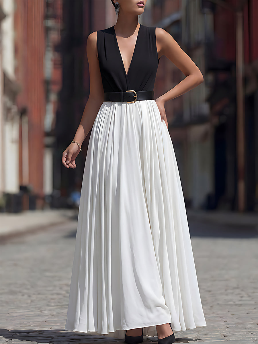 Contrast Bodice Pleated Maxi Evening Dress