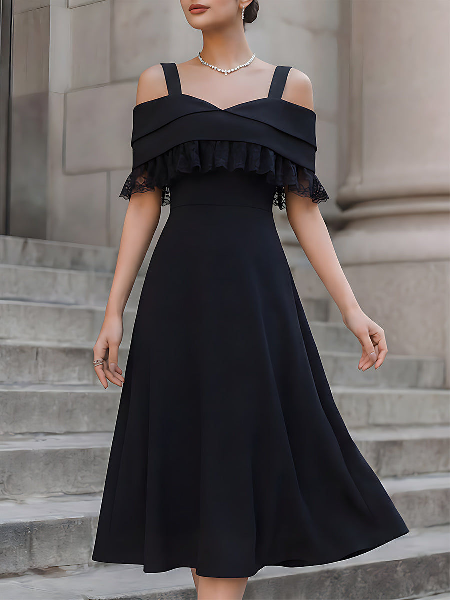 Off-Shoulder Lace Trim A-Line Midi Dress