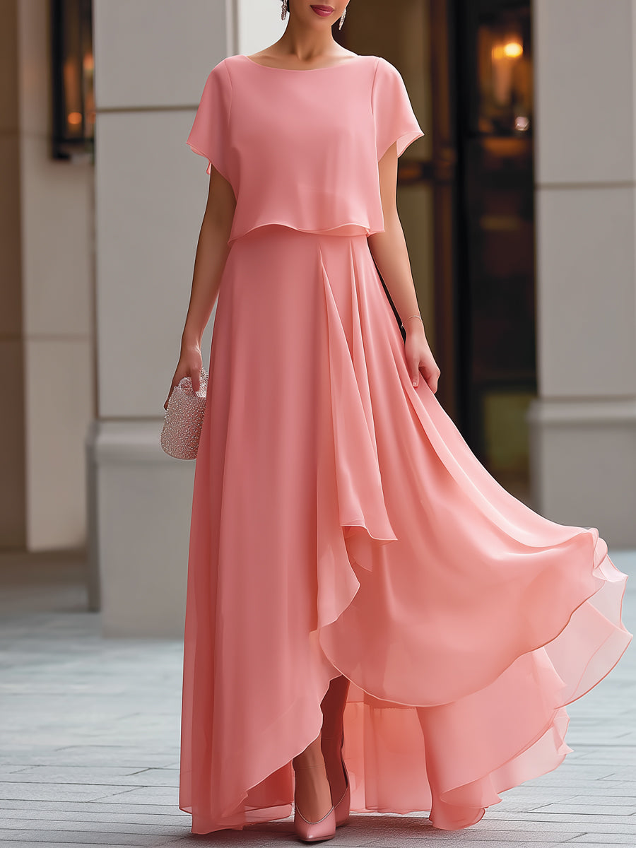 Flowing Overlay Asymmetric Hem Chiffon Maxi Dress