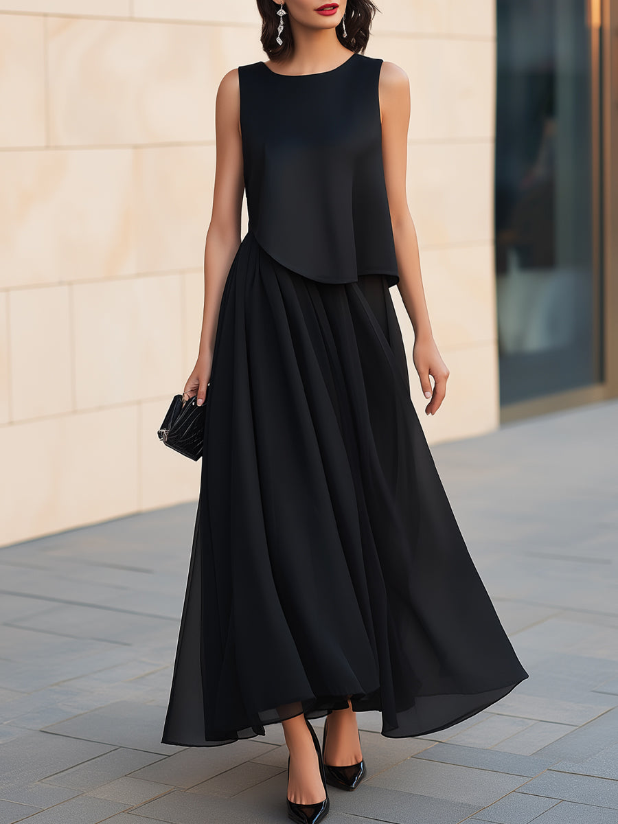Fake Two-piece Sleeveless Layered Flowing Maxi Dress