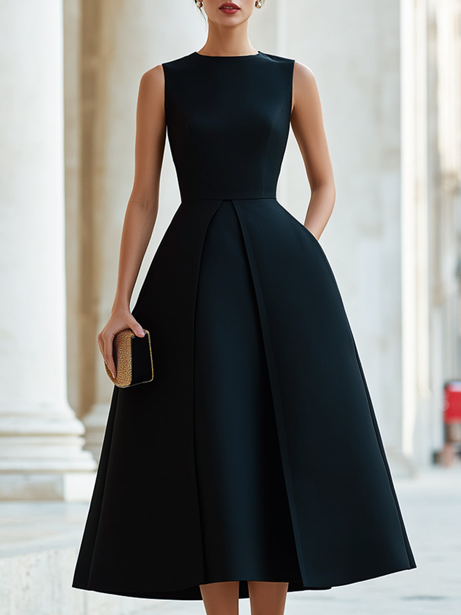 Sleeveless Boat Neck Structured A-Line Midi Dress