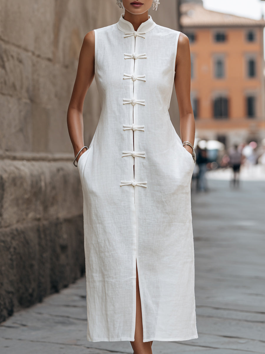 Mandarin Collar Linen Blend Sleeveless Midi Dress