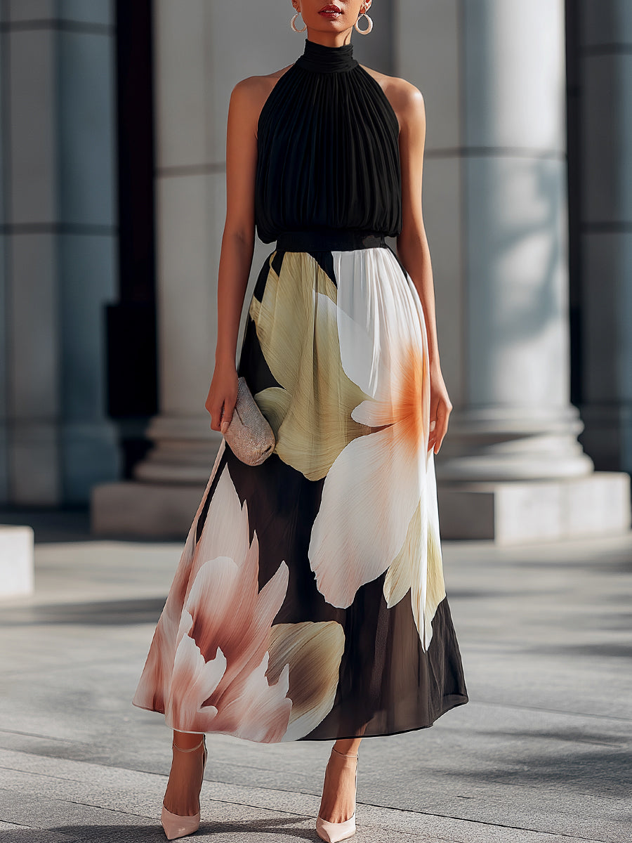 Chiffon Pleated Halter Neck Floral Maxi Dress