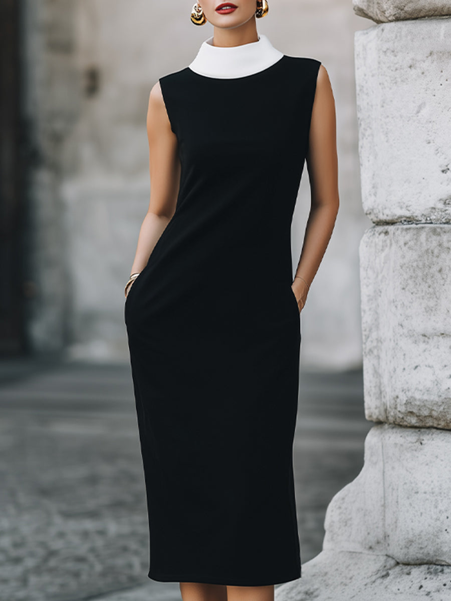 Sleeveless High-Neck Straight Midi Dress
