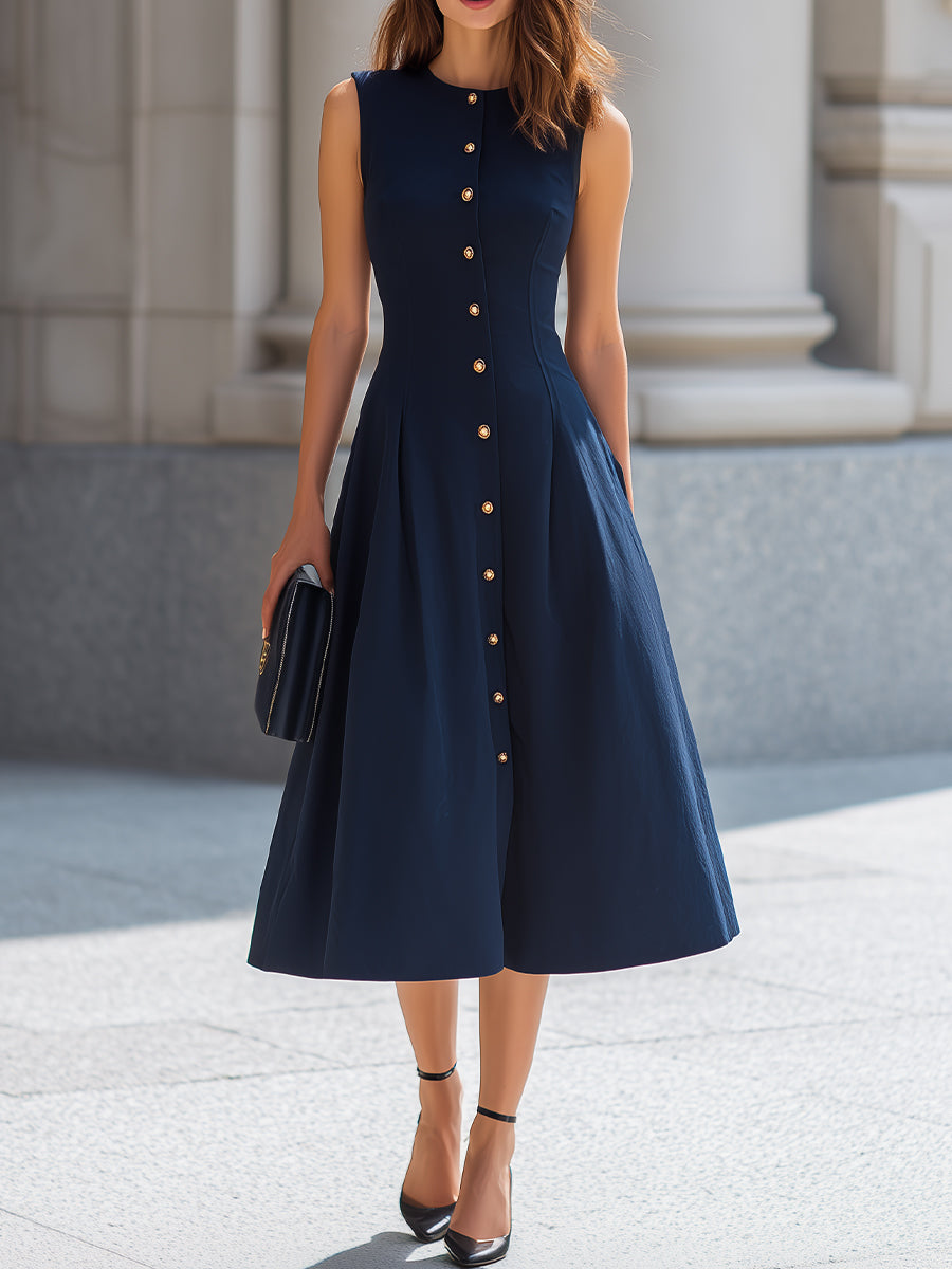 Sleeveless Round-Neck Gold-Button A-Line Midi Dress