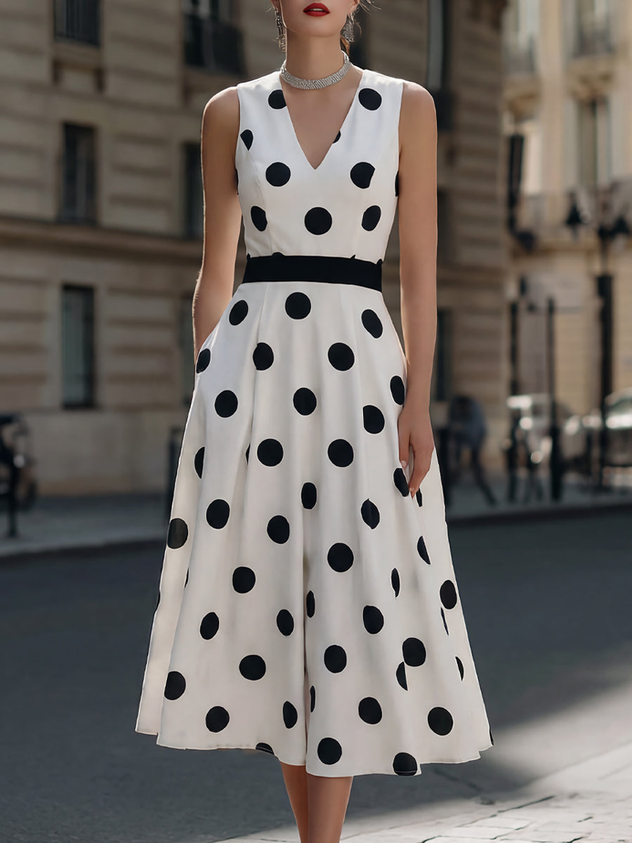Polka Dot Sleeveless V-Neck Midi Dress